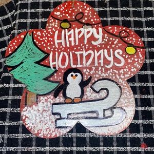 Hand painted Holiday Sign Penguin Christmas Scene